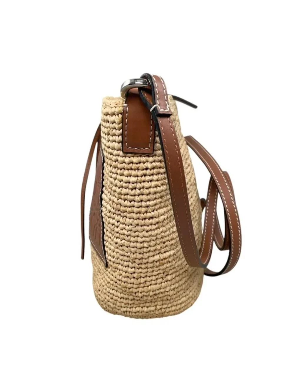 Loewe Shoulder Bag Slit Pochette Raffia Calfskin Anagram Logo Patch Natural